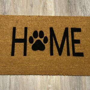HOME with black dog paw decorative coir doormat